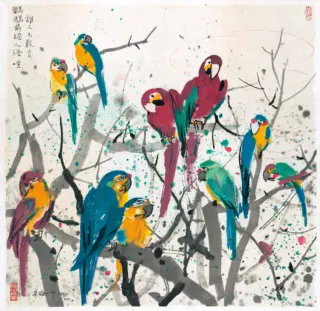 Wu Guanzhong 吳冠中, Parrots 鸚鵡, 1990