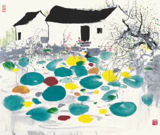 Wu Guanzhong 吳冠中, Pondside Households 池塘人家, 1987